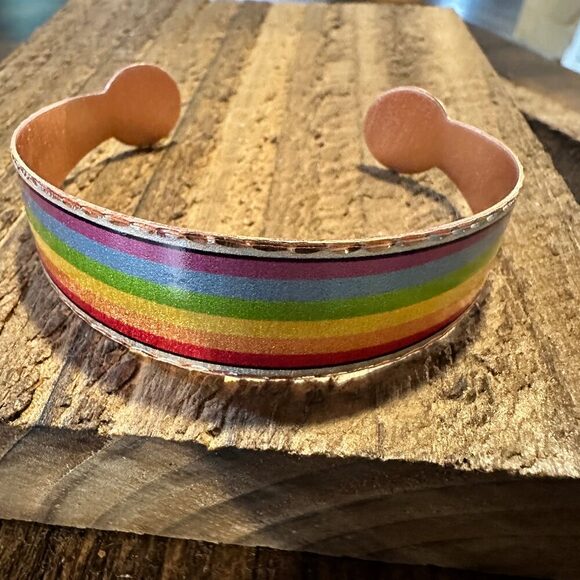 Handmade Boho Copper Wide Cuff Bracelet, Diamond Cut Rainbow Pride Design, Gift - Picture 2 of 11